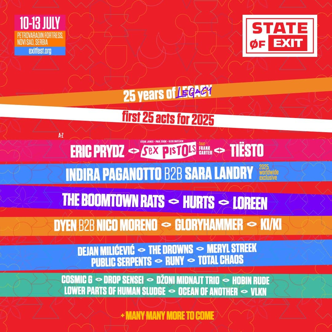 EXIT празнува 25 Години история! Sex Pistols, Tiësto , Loreen и Eric Prydz оглавяват първите 25 акта за изданието Milestone!